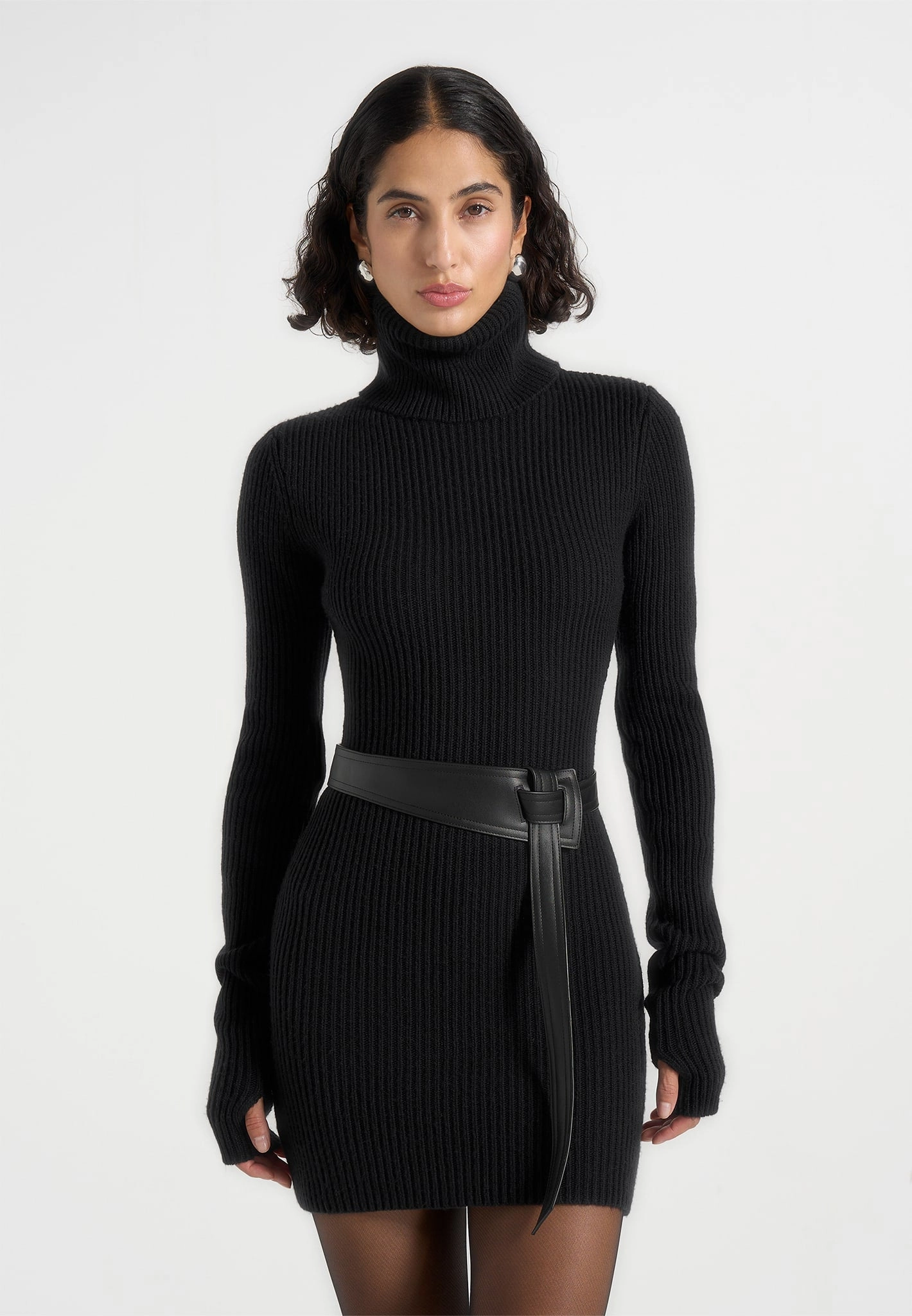 Stretch Ribbing Kalia - Roll Neck Knitted Mini Dress With Belt - Black