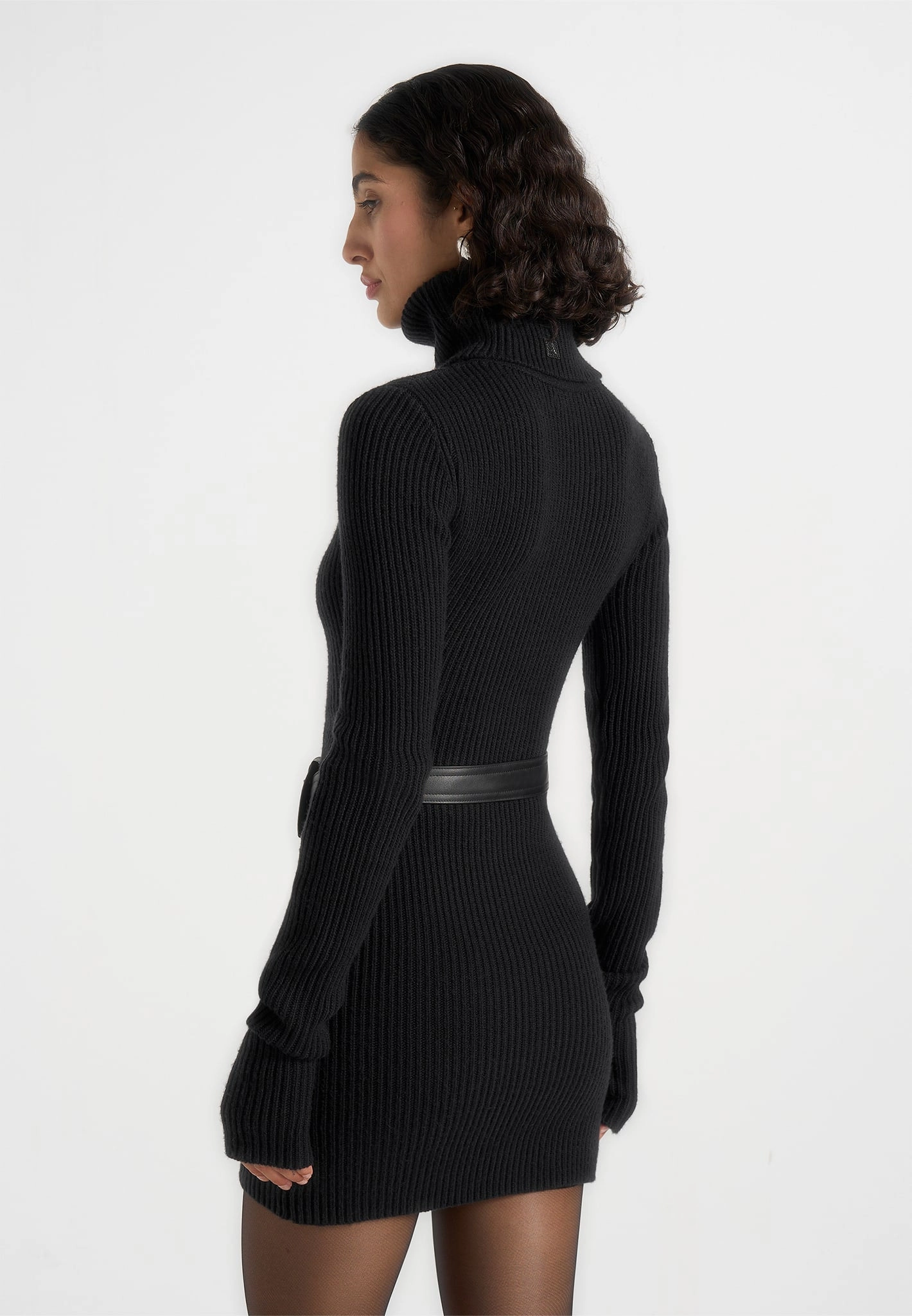 Kalia - Roll Neck Knitted Mini Dress With Belt - Black Minimal Shrinkage Fresh Warmth
