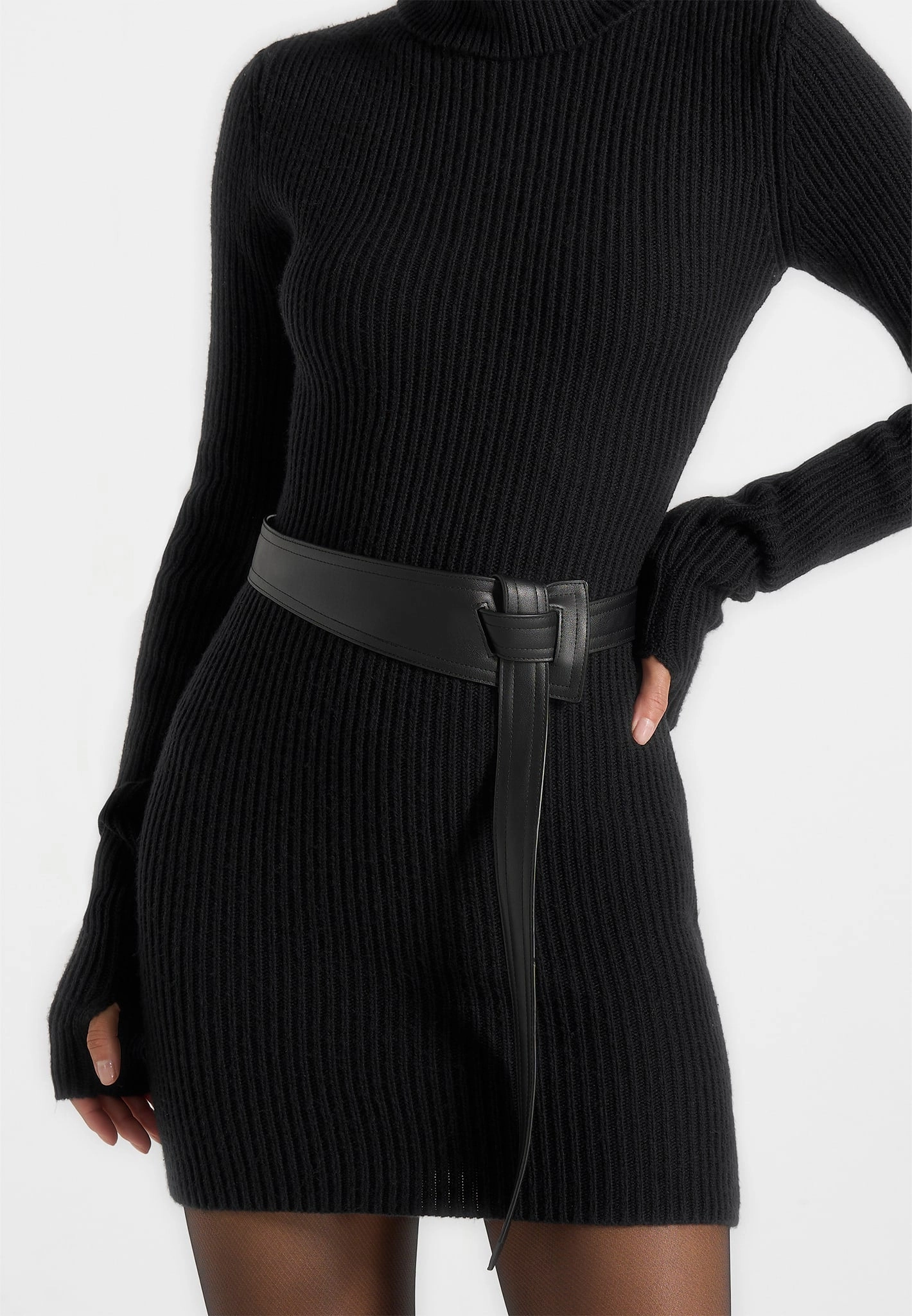 Kalia - Roll Neck Knitted Mini Dress With Belt - Black Layered Ventilation Design ShrinkageResistant Weave