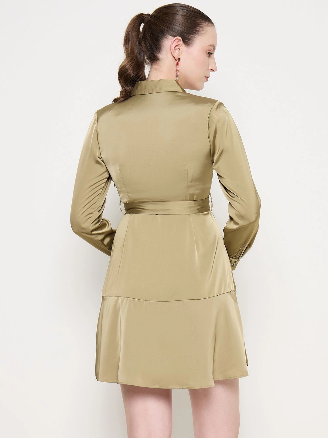 Scandi Light Straight-Cut Madame Fabric Belted Cuff Sleeve Solid Green Satin Short Dress
