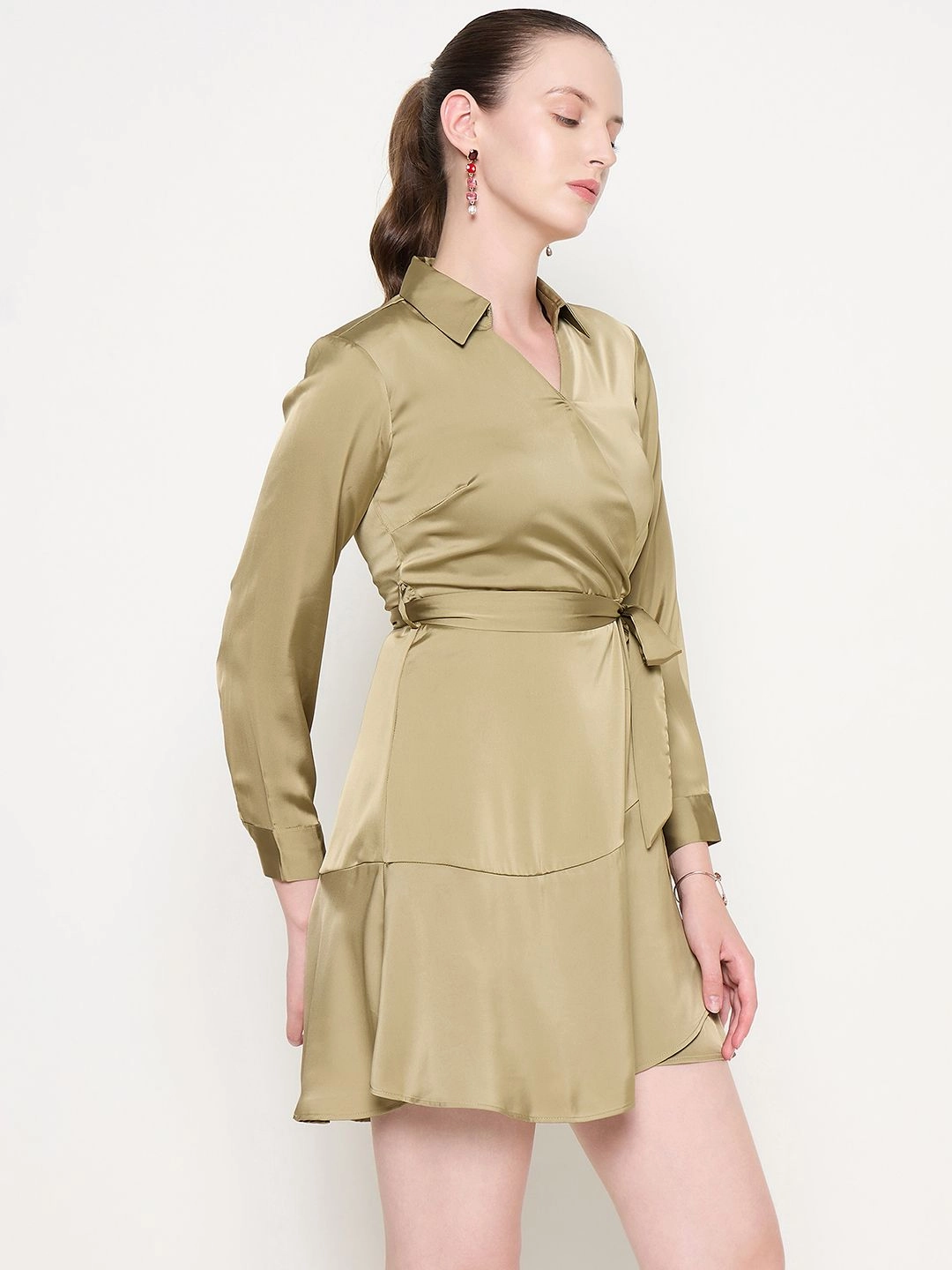 Flattering Look Wear Workwear Madame Fabric Belted Cuff Sleeve Solid Green Satin Short Dress