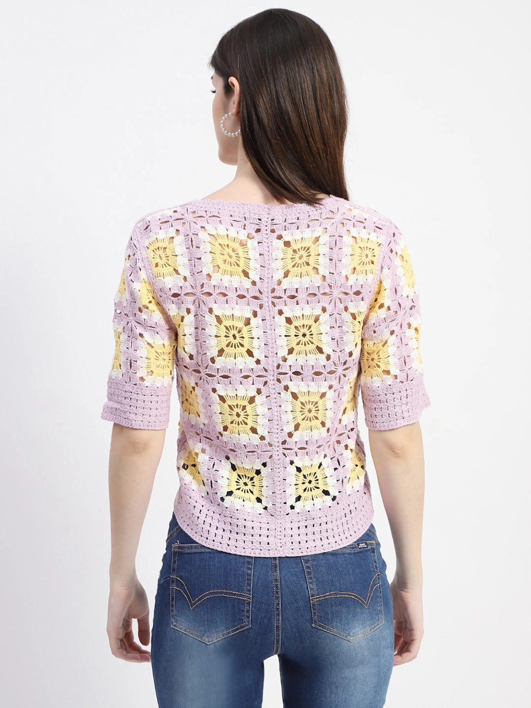 Madame Mauve Cotton Crochet Top Scoop Neck Shape Double Faced Jersey Knit
