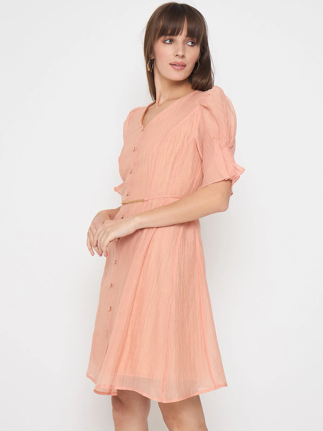 Madame Textured Belted Peach Mini A Line Dress Grass Soft