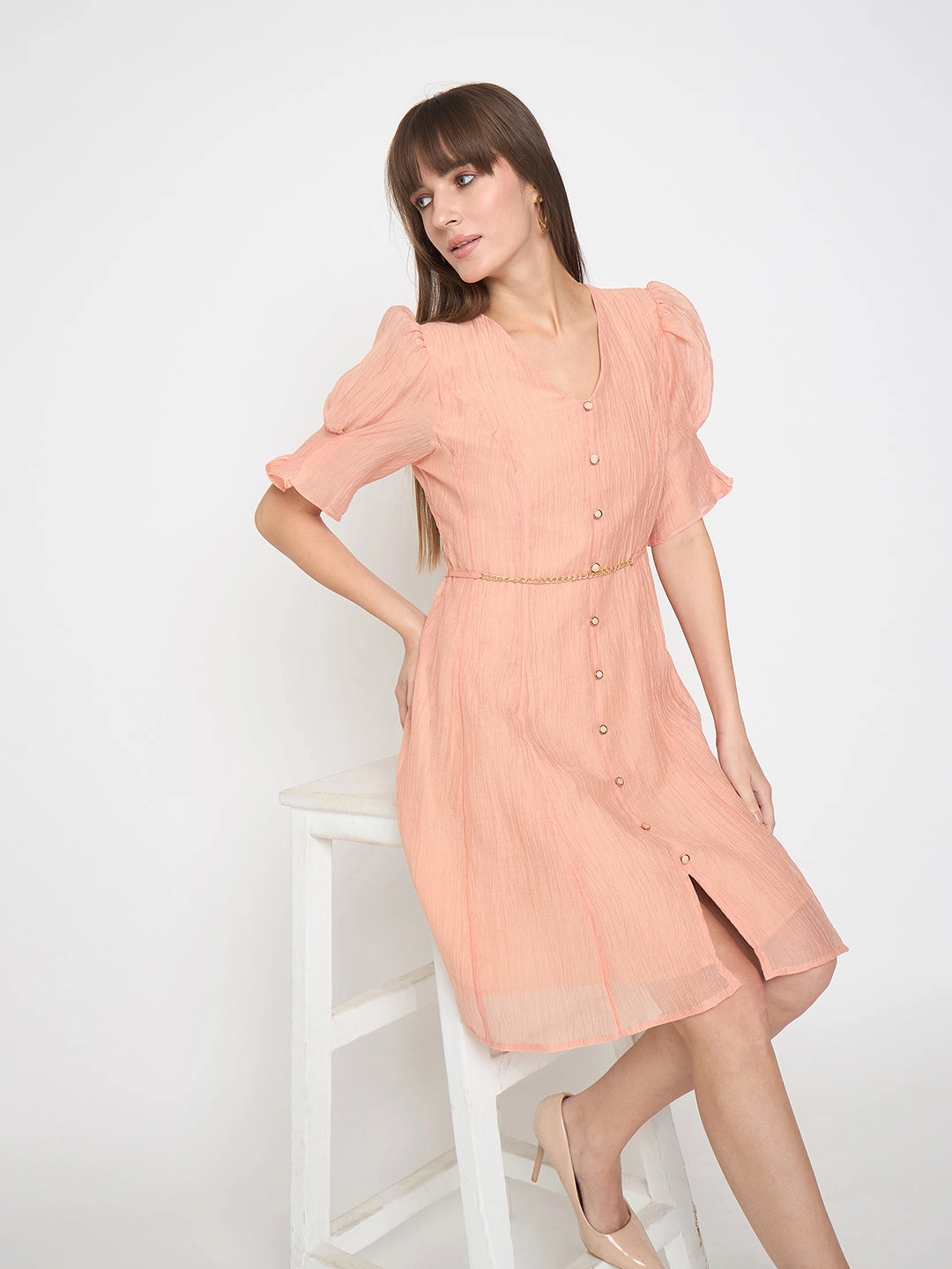 Sporty Look Summer Air Madame Textured Belted Peach Mini A Line Dress