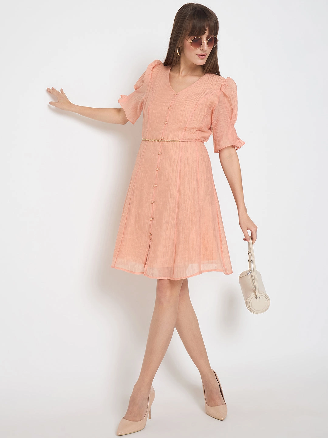 Retro Detail Modern Soft Madame Textured Belted Peach Mini A Line Dress