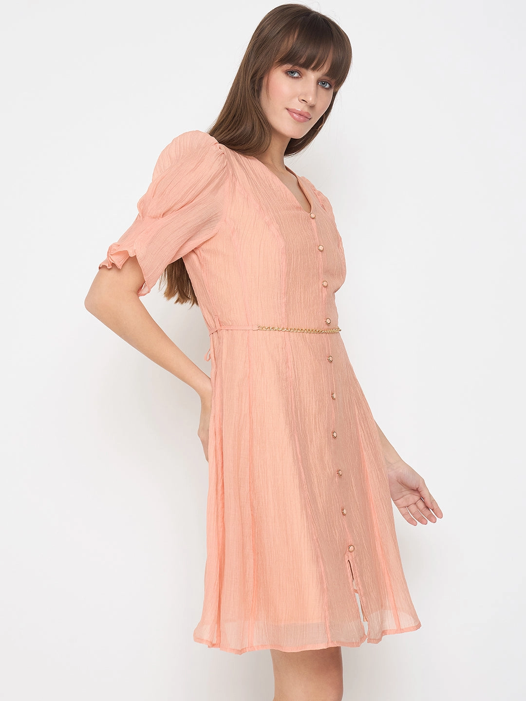 Madame Textured Belted Peach Mini A Line Dress Relaxed Line Smart Waistband Design