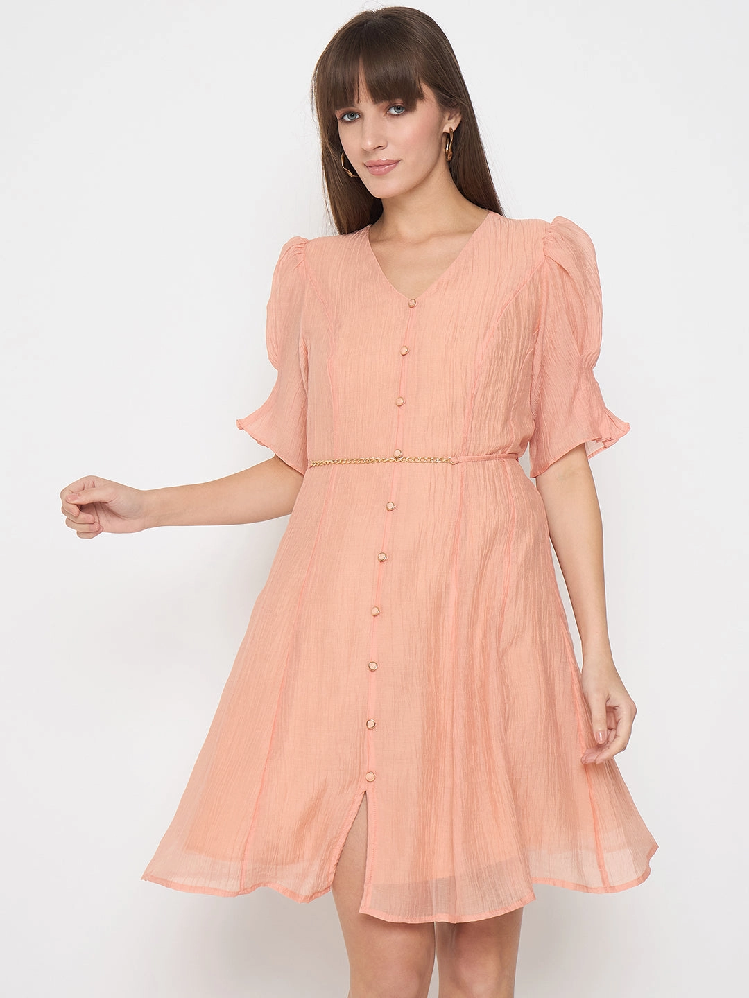 Dance Night Timeless Vibe Madame Textured Belted Peach Mini A Line Dress
