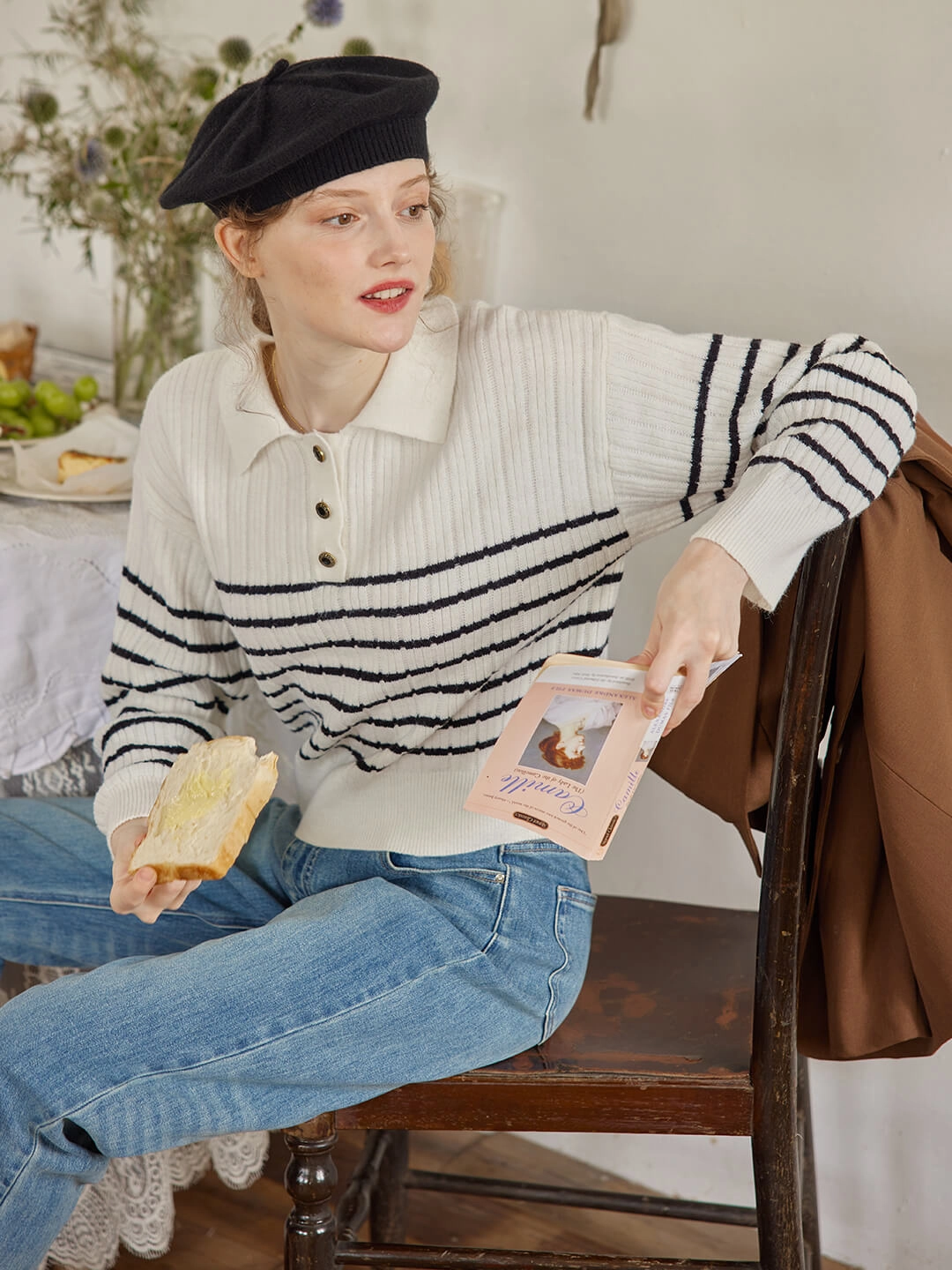 Breathable fabric Davian Striped White Polo Knit Top