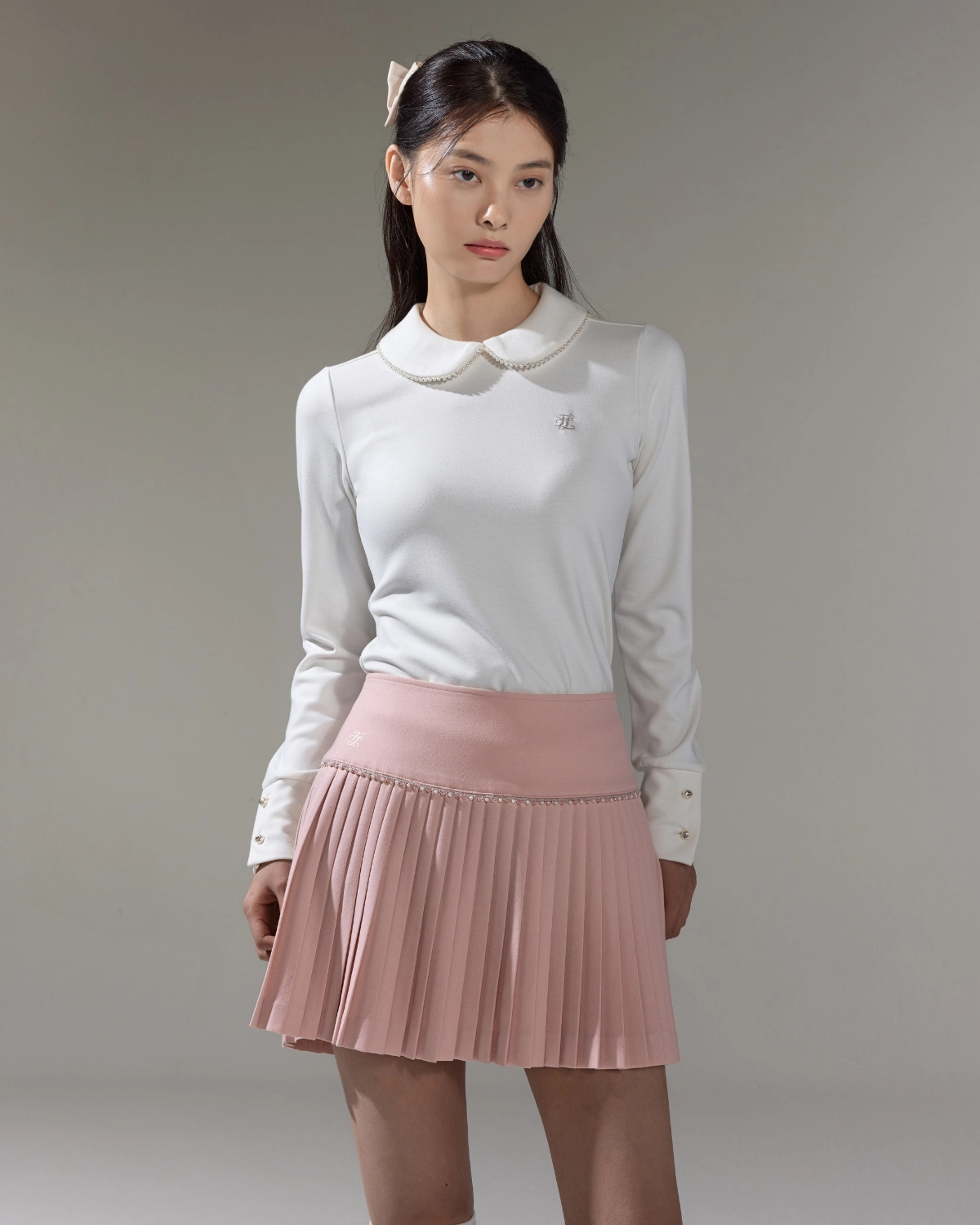 [FL Signature] Pearl & Bead Flare Pleated Skirt - Pink Foldable Packability