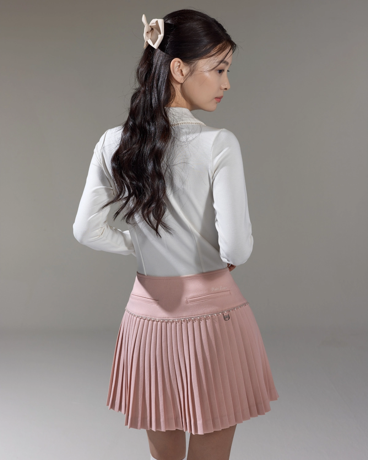 [FL Signature] Pearl & Bead Flare Pleated Skirt - Pink Refined Texture