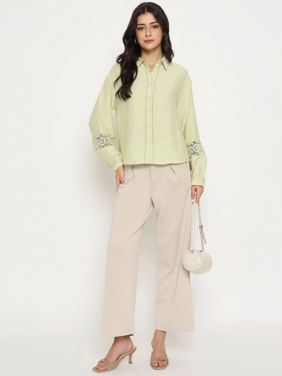 Madame Floral Lace Insertion Green Rayon Blend Shirt Non Static Finish Premium Fabric