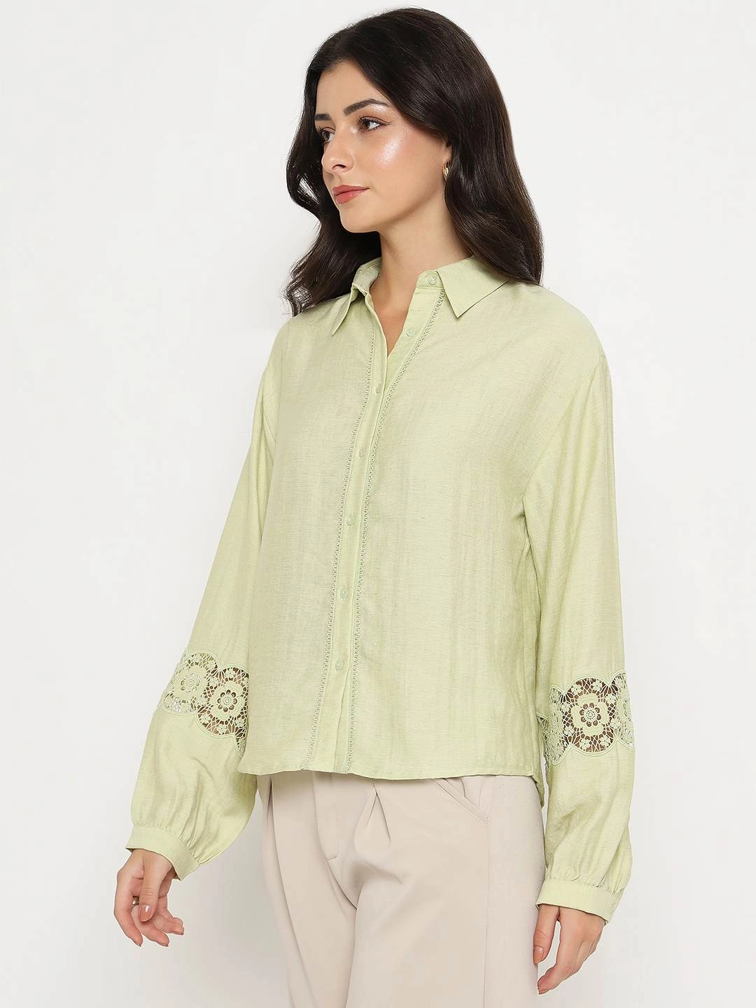 Wrinkle Free Care Timeless Comfort Madame Floral Lace Insertion Green Rayon Blend Shirt