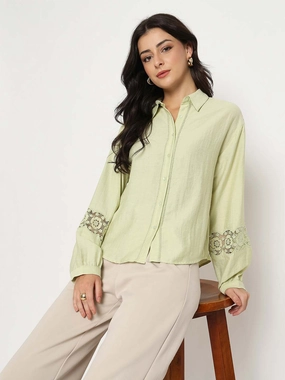 Madame Floral Lace Insertion Green Rayon Blend Shirt Functional Pocket Durable Stitching