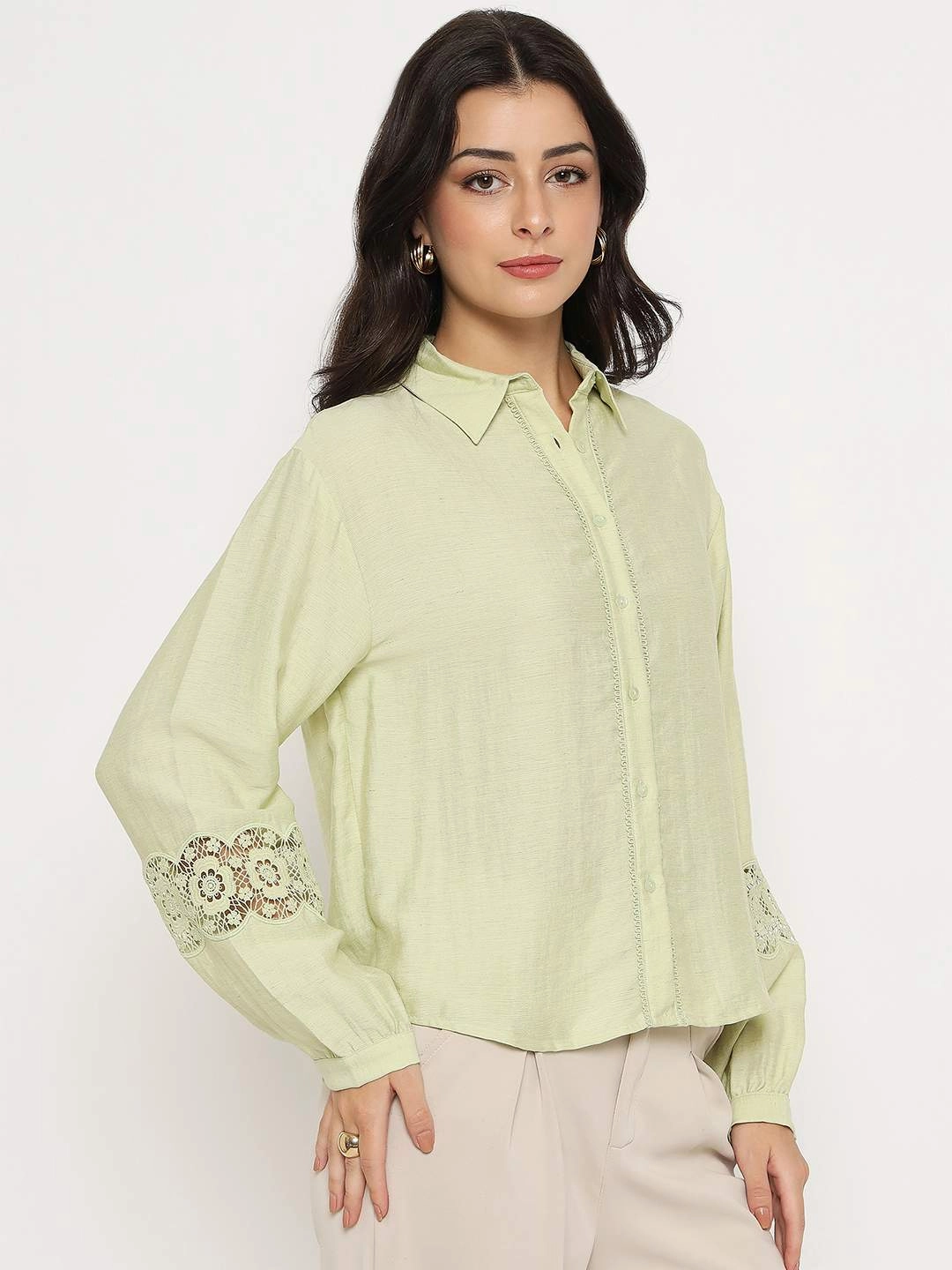 Layering Piece Rugged Style Madame Floral Lace Insertion Green Rayon Blend Shirt