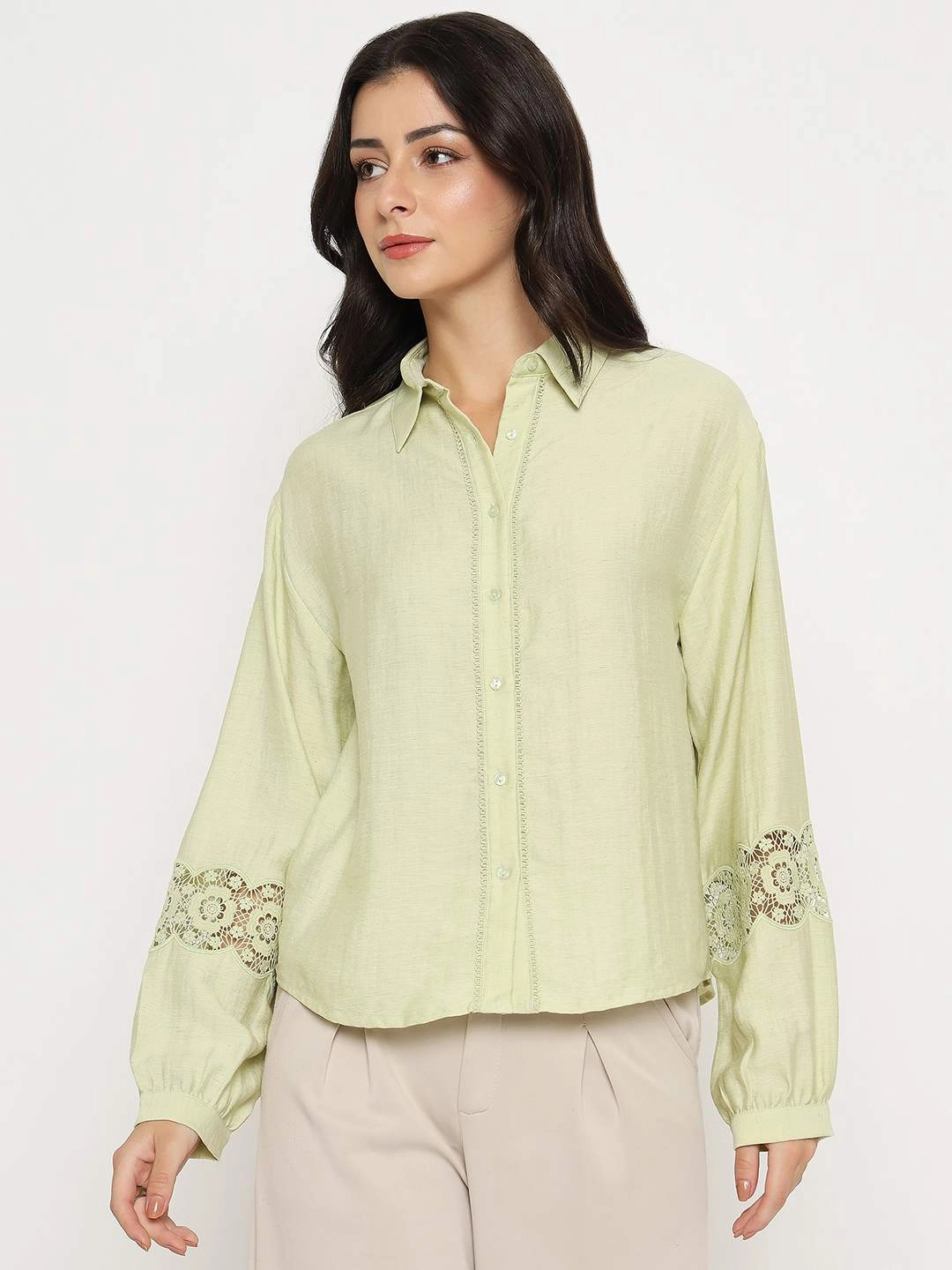 Tagless Design Fall Fashion Madame Floral Lace Insertion Green Rayon Blend Shirt