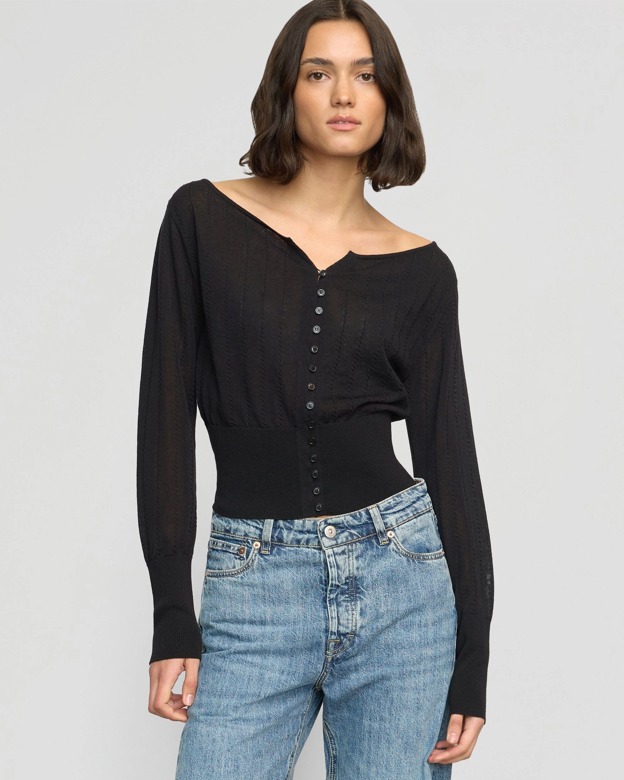 StretchComfortDesign BondedShoulder Chava Semi-Sheer Button Knit Top
