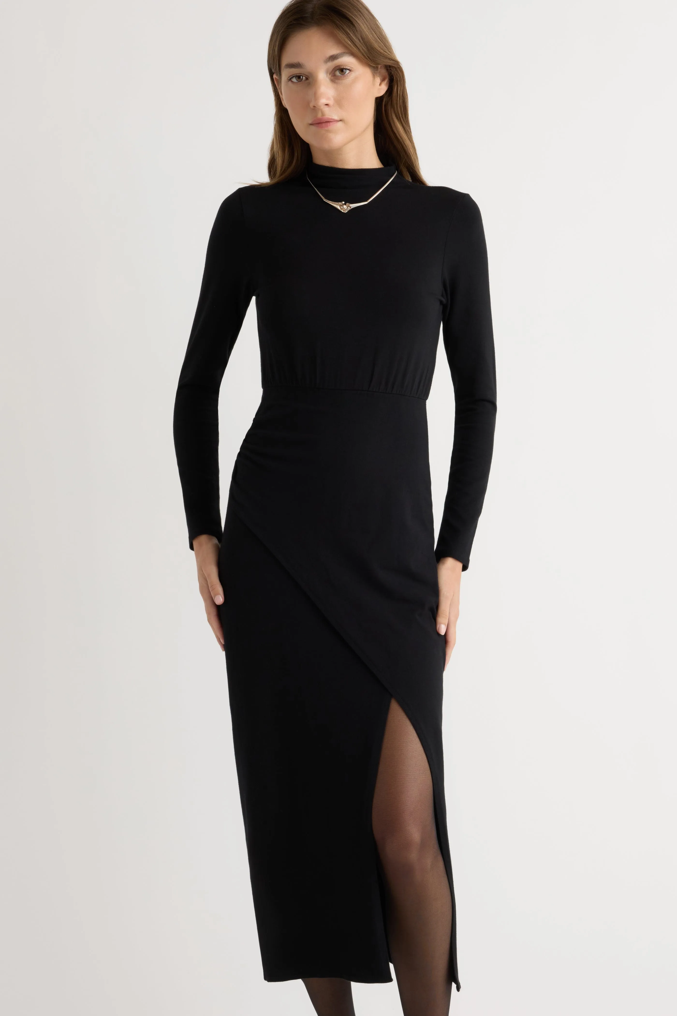 Street Style Clean Drape Suki Mock-Neck Side-Slit Dress