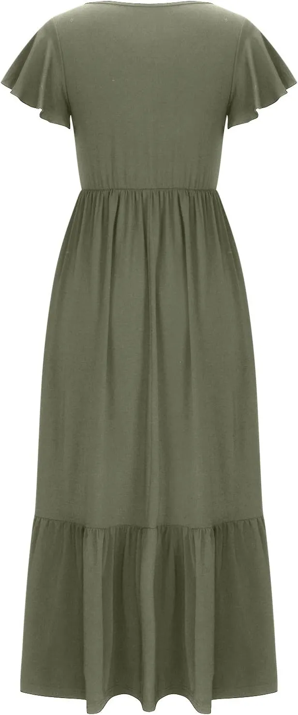 Summer Dresses for Women 2025 Comfy Solid Ruffles Wrap Maxi Dress Flowy Tiered Maxi Beach Dress with Pockets