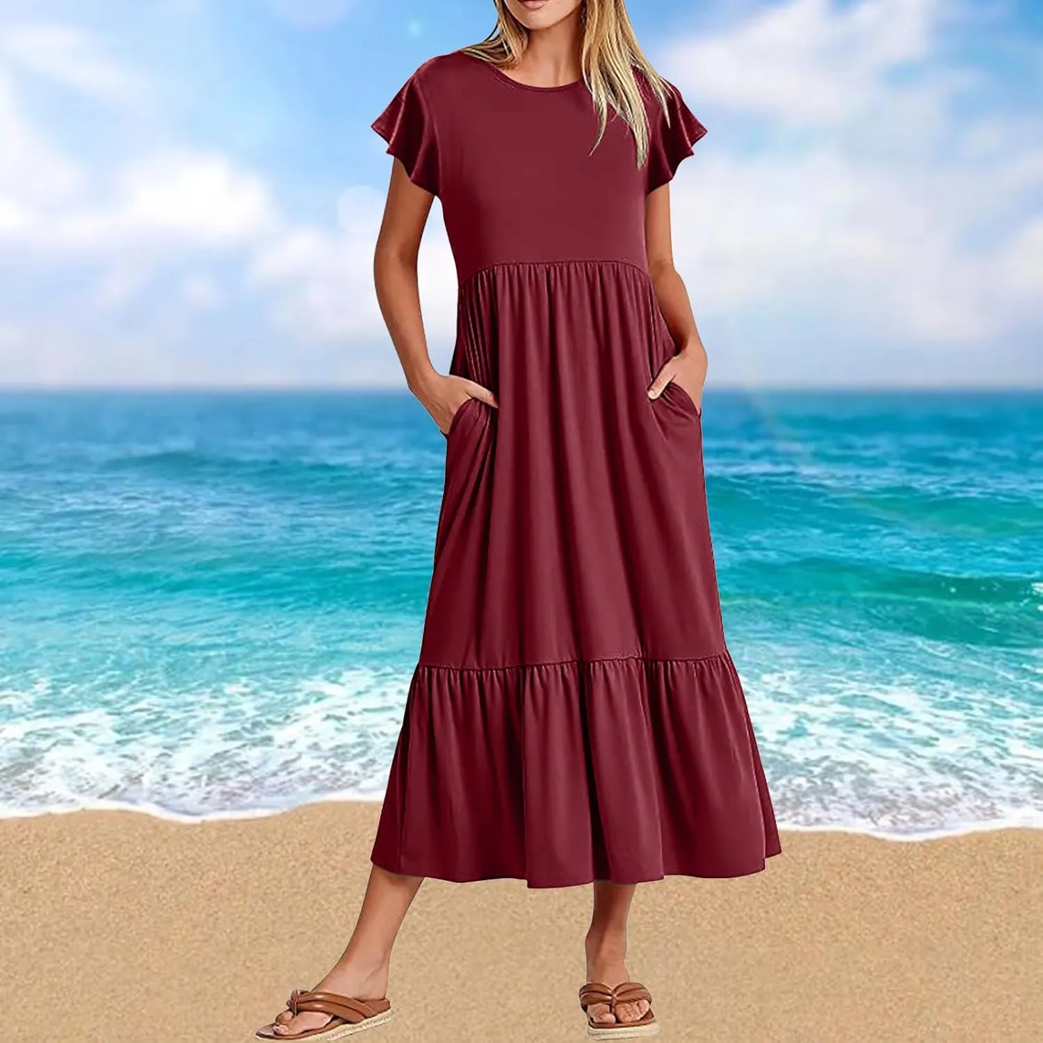 Summer Dresses for Women 2025 Comfy Solid Ruffles Wrap Maxi Dress Flowy Tiered Maxi Beach Dress with Pockets