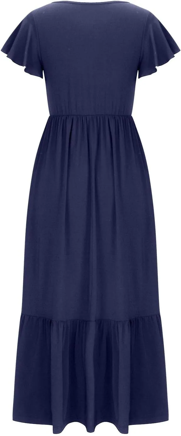 Summer Dresses for Women 2025 Comfy Solid Ruffles Wrap Maxi Dress Flowy Tiered Maxi Beach Dress with Pockets