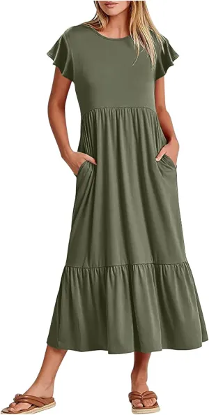 Summer Dresses for Women 2025 Comfy Solid Ruffles Wrap Maxi Dress Flowy Tiered Maxi Beach Dress with Pockets