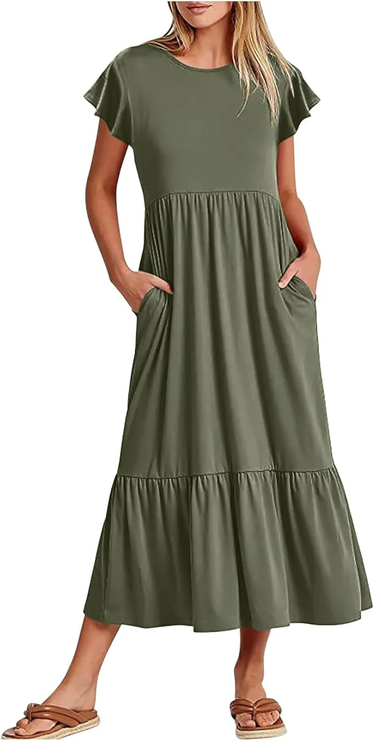 Summer Dresses for Women 2025 Comfy Solid Ruffles Wrap Maxi Dress Flowy Tiered Maxi Beach Dress with Pockets