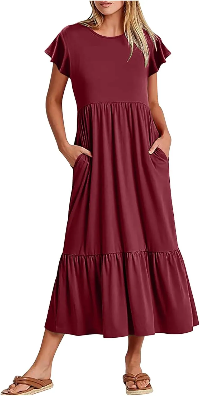 Summer Dresses for Women 2025 Comfy Solid Ruffles Wrap Maxi Dress Flowy Tiered Maxi Beach Dress with Pockets