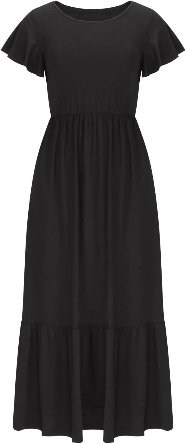 Summer Dresses for Women 2025 Comfy Solid Ruffles Wrap Maxi Dress Flowy Tiered Maxi Beach Dress with Pockets