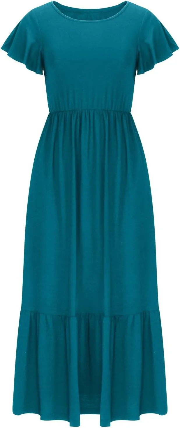 Summer Dresses for Women 2025 Comfy Solid Ruffles Wrap Maxi Dress Flowy Tiered Maxi Beach Dress with Pockets