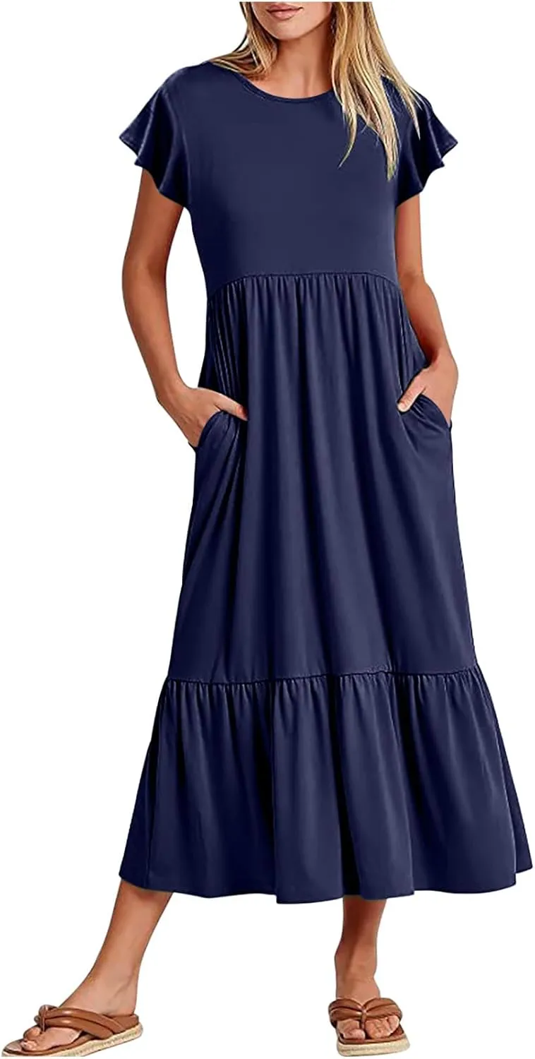 Summer Dresses for Women 2025 Comfy Solid Ruffles Wrap Maxi Dress Flowy Tiered Maxi Beach Dress with Pockets