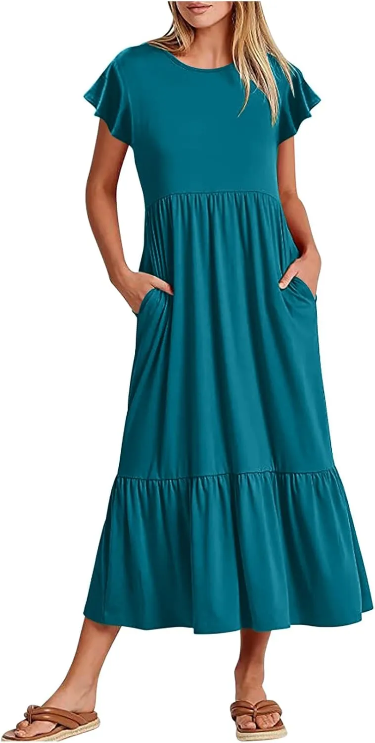 Summer Dresses for Women 2025 Comfy Solid Ruffles Wrap Maxi Dress Flowy Tiered Maxi Beach Dress with Pockets