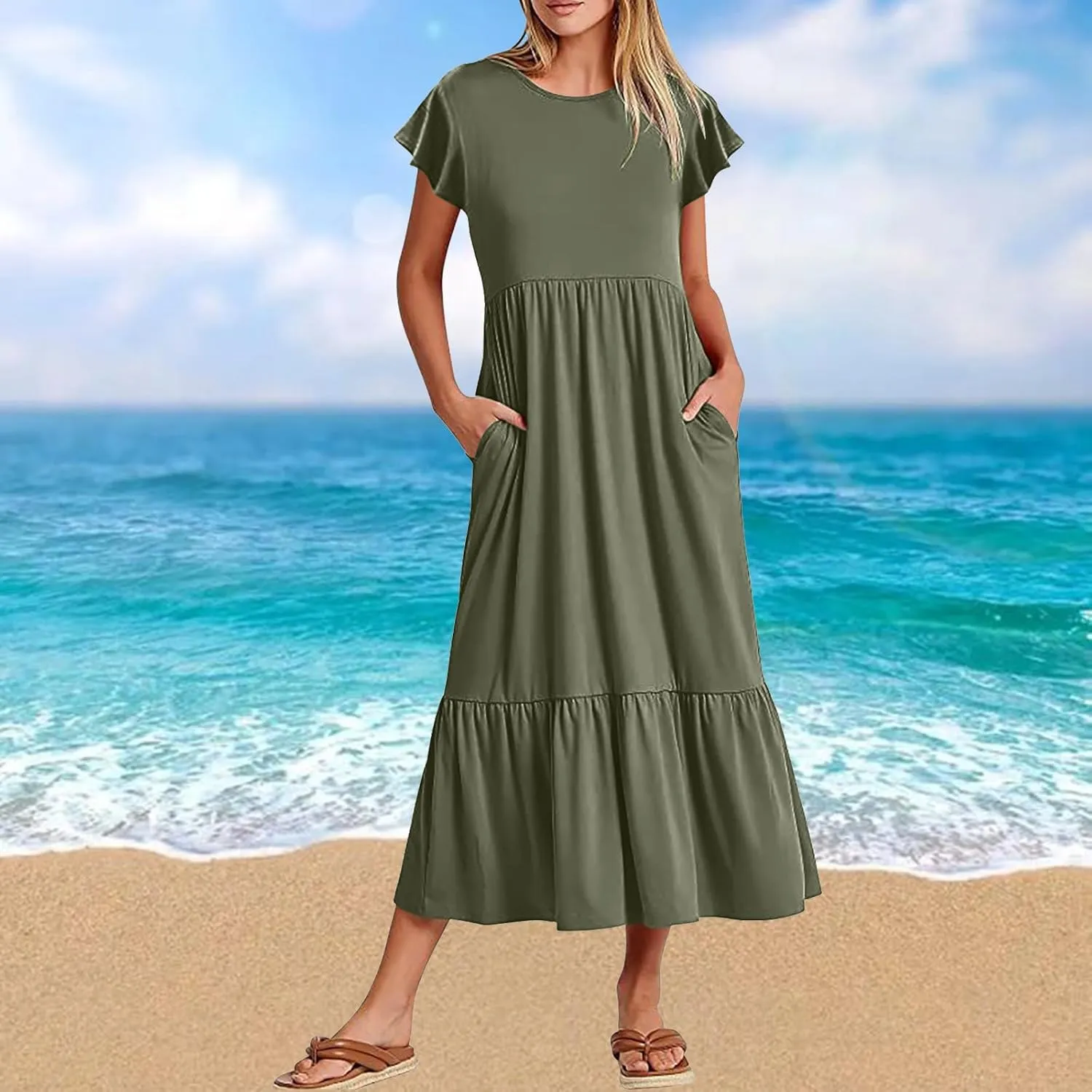 Summer Dresses for Women 2025 Comfy Solid Ruffles Wrap Maxi Dress Flowy Tiered Maxi Beach Dress with Pockets