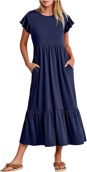 Summer Dresses for Women 2025 Comfy Solid Ruffles Wrap Maxi Dress Flowy Tiered Maxi Beach Dress with Pockets