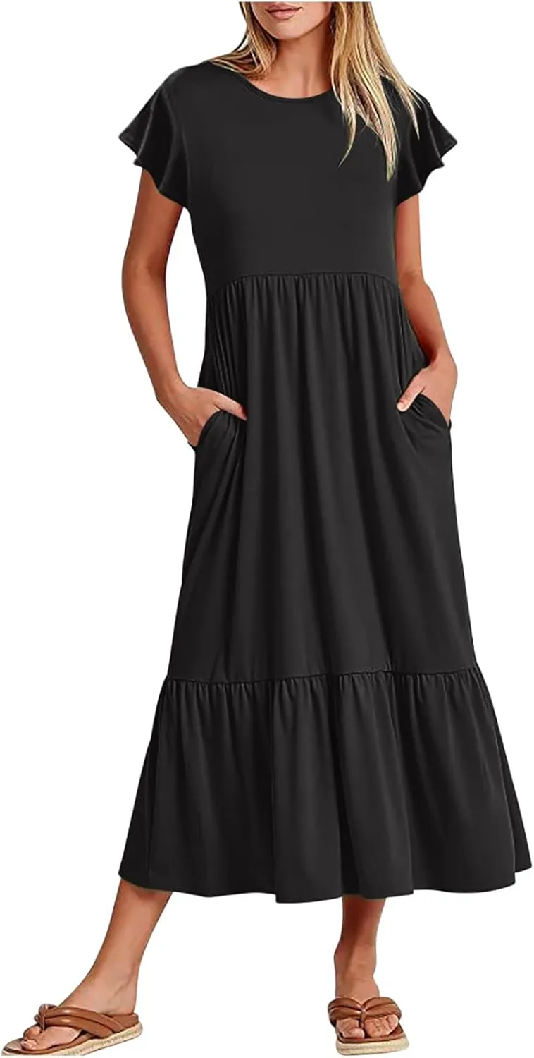 Summer Dresses for Women 2025 Comfy Solid Ruffles Wrap Maxi Dress Flowy Tiered Maxi Beach Dress with Pockets