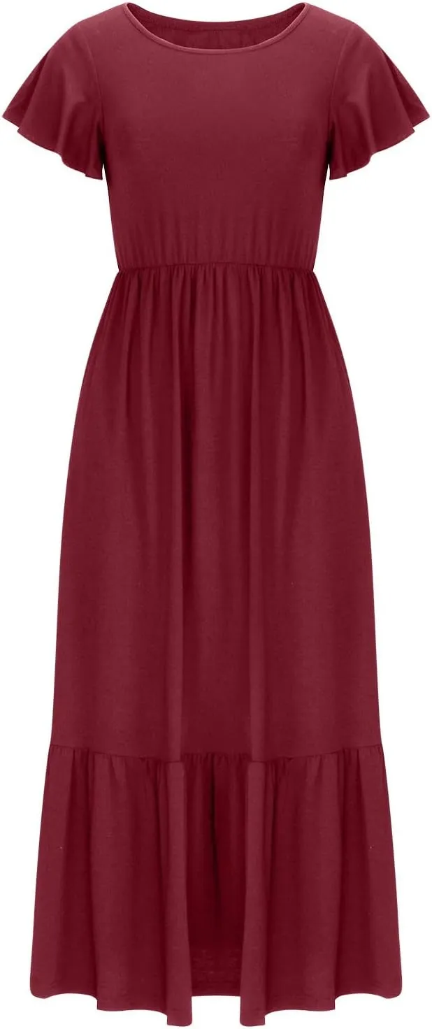 Summer Dresses for Women 2025 Comfy Solid Ruffles Wrap Maxi Dress Flowy Tiered Maxi Beach Dress with Pockets