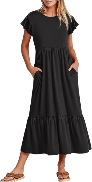 Summer Dresses for Women 2025 Comfy Solid Ruffles Wrap Maxi Dress Flowy Tiered Maxi Beach Dress with Pockets