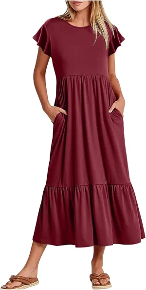 Summer Dresses for Women 2025 Comfy Solid Ruffles Wrap Maxi Dress Flowy Tiered Maxi Beach Dress with Pockets