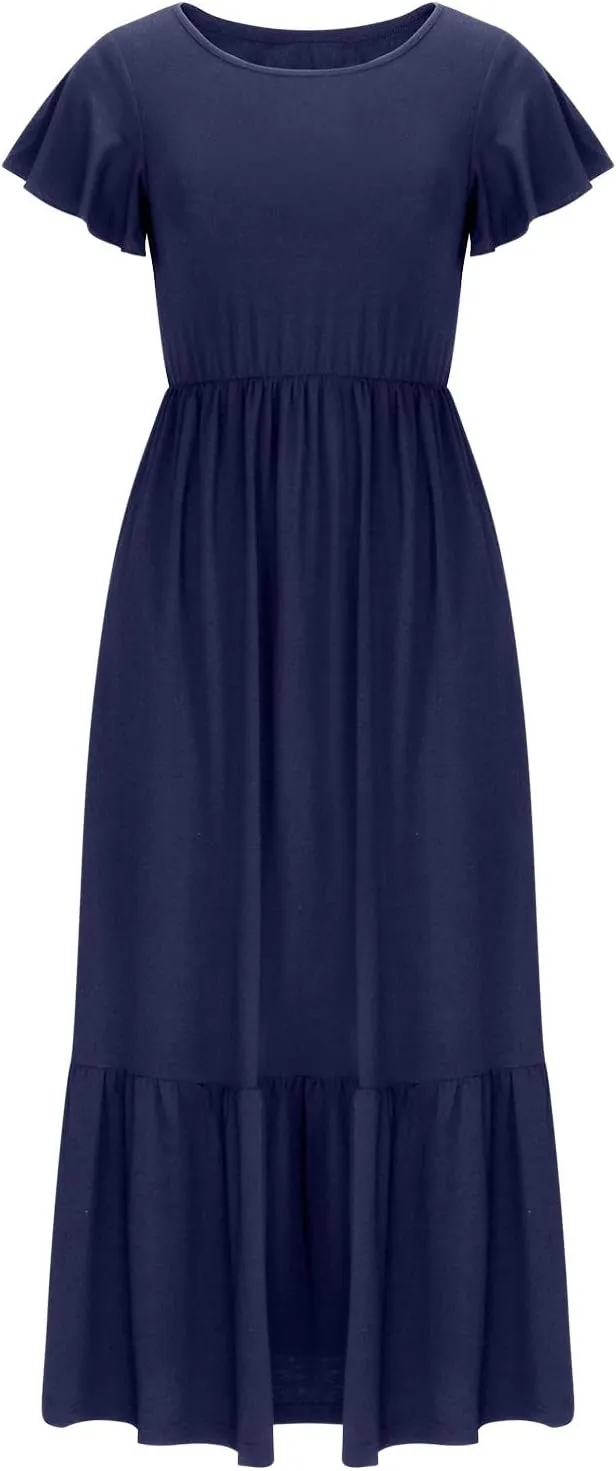 Summer Dresses for Women 2025 Comfy Solid Ruffles Wrap Maxi Dress Flowy Tiered Maxi Beach Dress with Pockets
