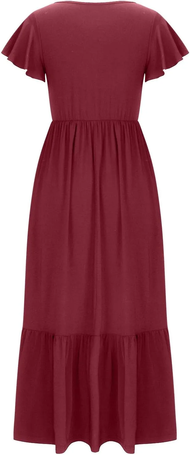Summer Dresses for Women 2025 Comfy Solid Ruffles Wrap Maxi Dress Flowy Tiered Maxi Beach Dress with Pockets