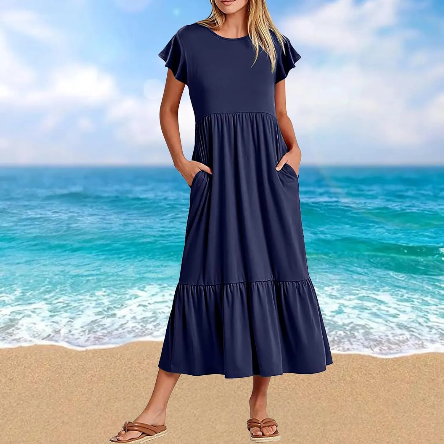 Summer Dresses for Women 2025 Comfy Solid Ruffles Wrap Maxi Dress Flowy Tiered Maxi Beach Dress with Pockets