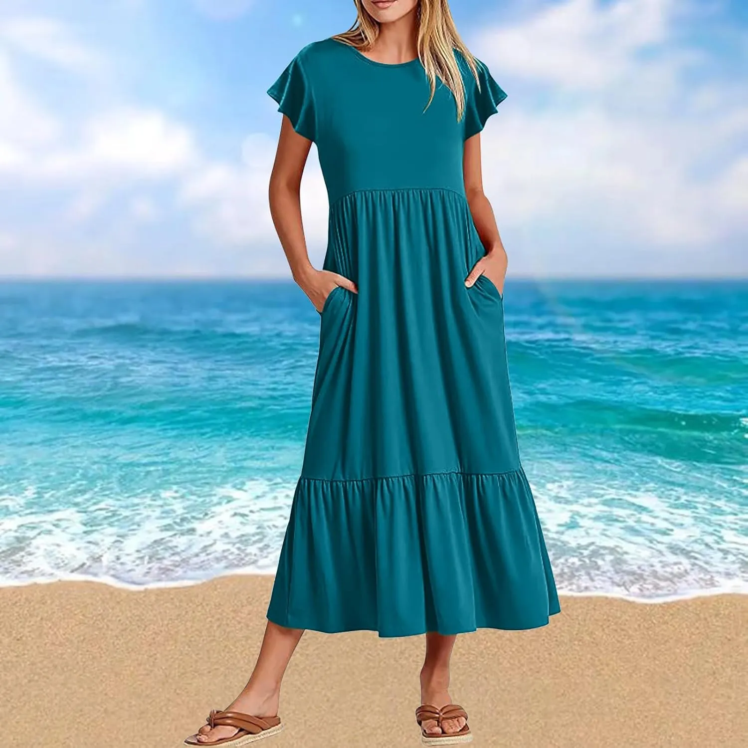 Summer Dresses for Women 2025 Comfy Solid Ruffles Wrap Maxi Dress Flowy Tiered Maxi Beach Dress with Pockets