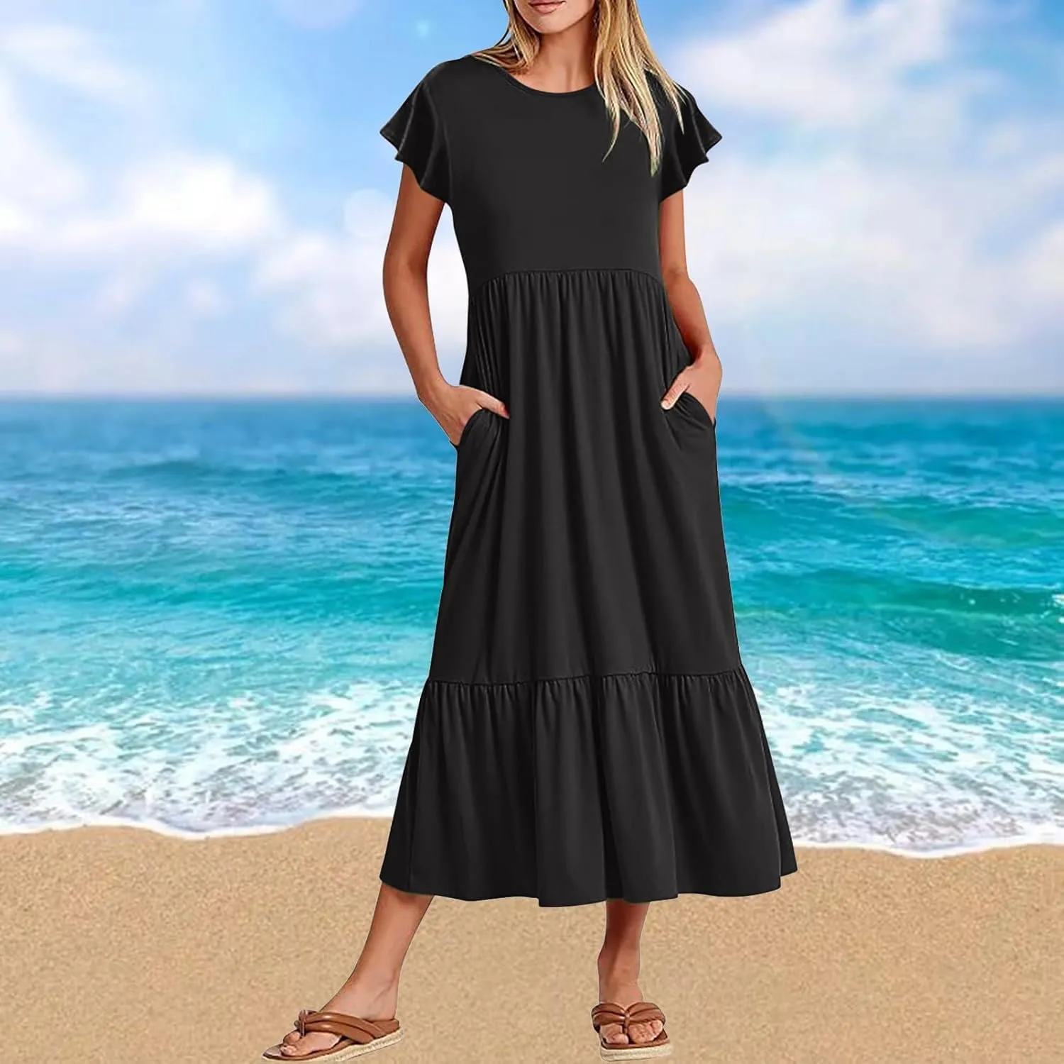 Summer Dresses for Women 2025 Comfy Solid Ruffles Wrap Maxi Dress Flowy Tiered Maxi Beach Dress with Pockets