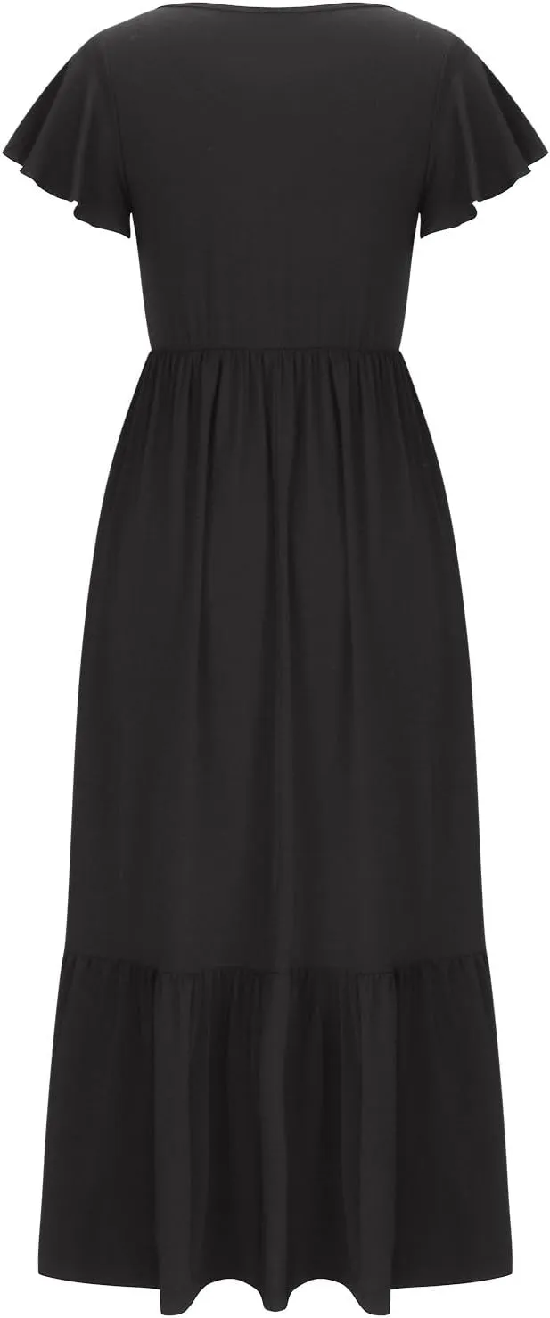 Summer Dresses for Women 2025 Comfy Solid Ruffles Wrap Maxi Dress Flowy Tiered Maxi Beach Dress with Pockets