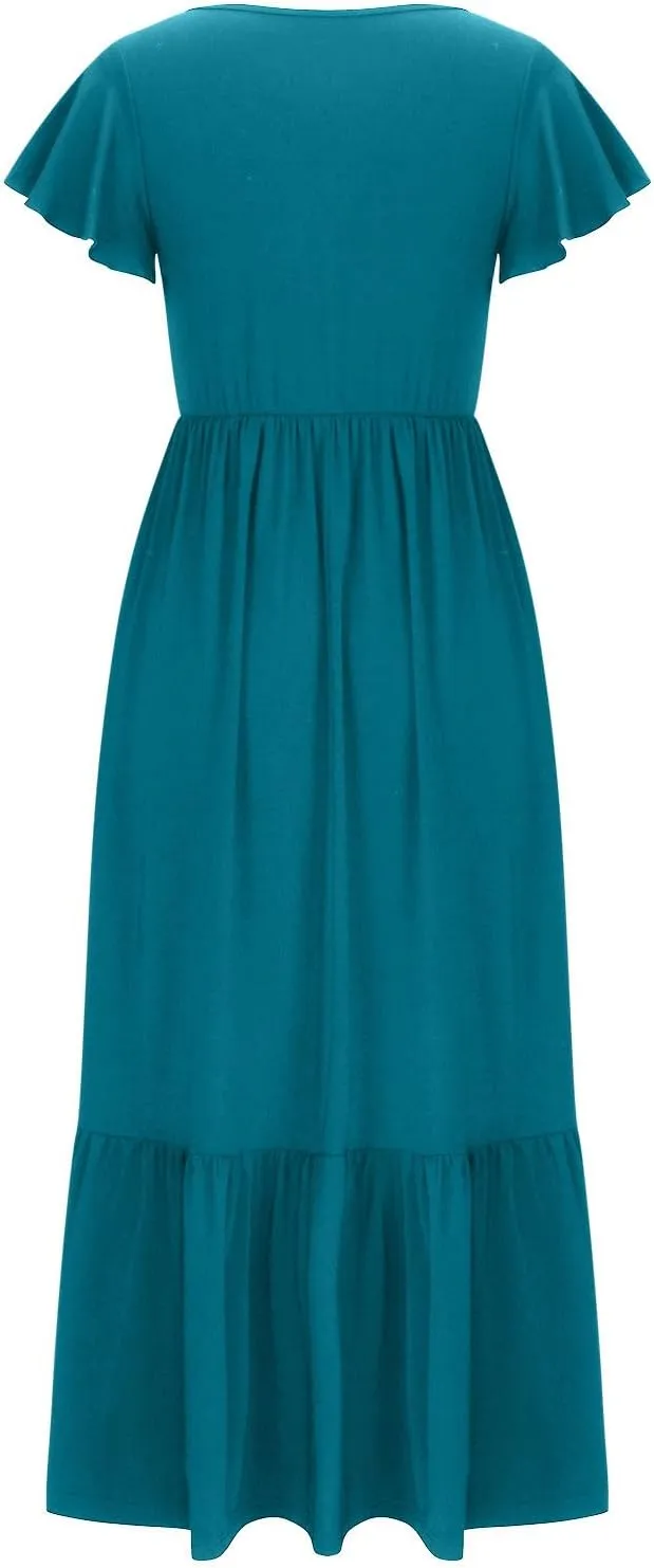 Summer Dresses for Women 2025 Comfy Solid Ruffles Wrap Maxi Dress Flowy Tiered Maxi Beach Dress with Pockets