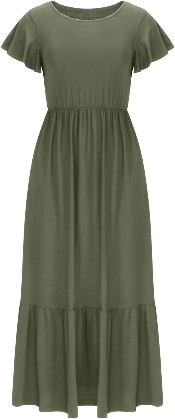 Summer Dresses for Women 2025 Comfy Solid Ruffles Wrap Maxi Dress Flowy Tiered Maxi Beach Dress with Pockets