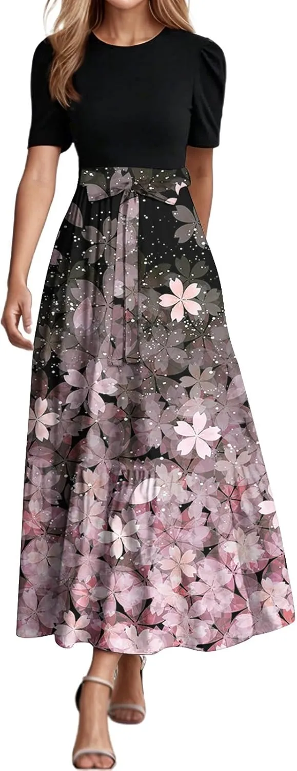 Summer Floral Dresses for Women 2025 Boho Wrap Short Sleeve Maxi Dress Empire Waist Flowy A Line Long Sundress