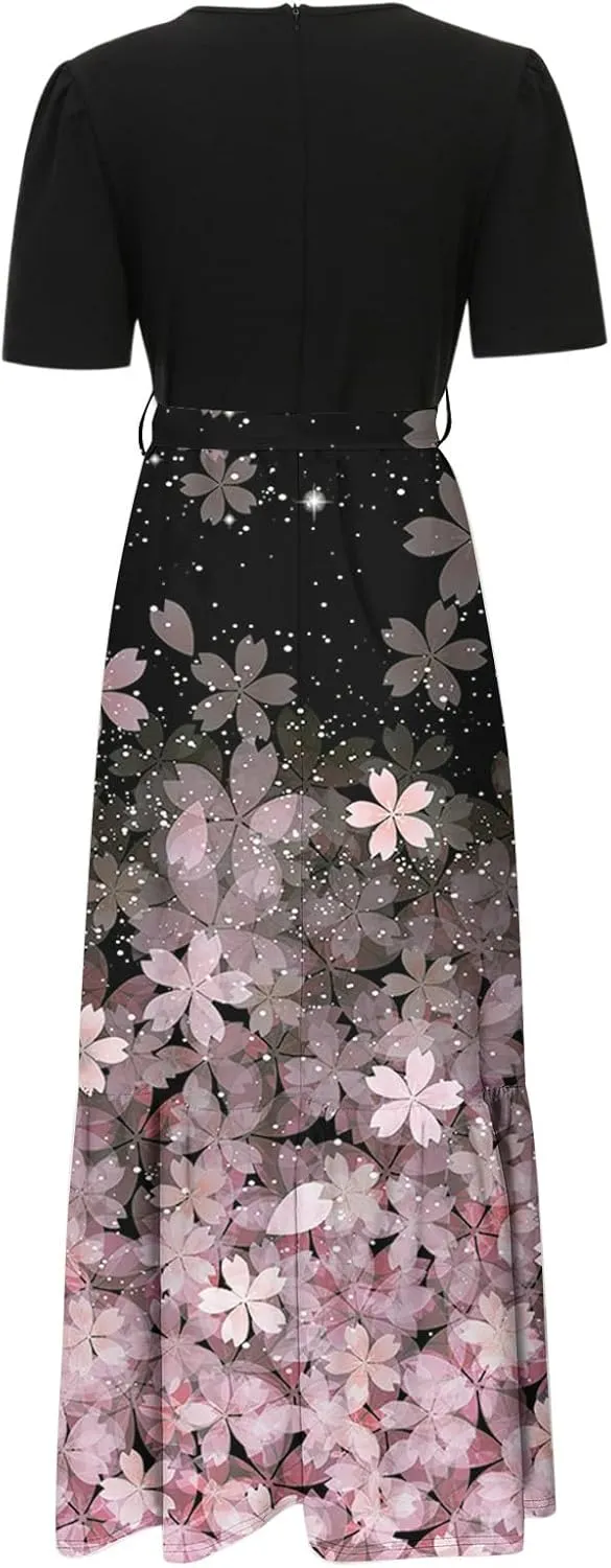 Summer Floral Dresses for Women 2025 Boho Wrap Short Sleeve Maxi Dress Empire Waist Flowy A Line Long Sundress