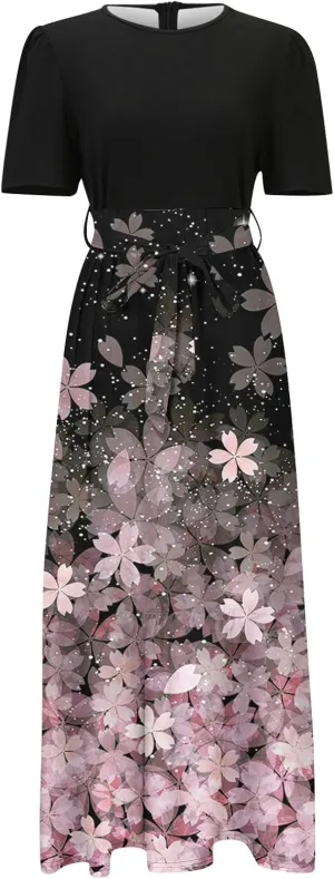 Summer Floral Dresses for Women 2025 Boho Wrap Short Sleeve Maxi Dress Empire Waist Flowy A Line Long Sundress