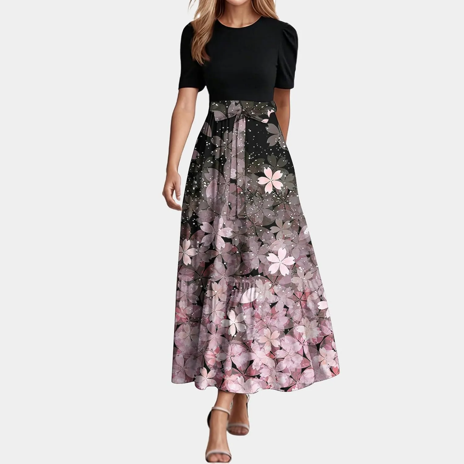 Summer Floral Dresses for Women 2025 Boho Wrap Short Sleeve Maxi Dress Empire Waist Flowy A Line Long Sundress