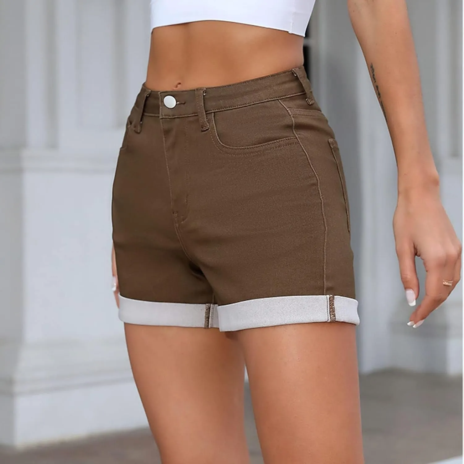 Summer Jean Shorts Womens High Waisted,Stretch Slim Fit High Waisted Jean Shorts,Folded Hem Candy Colors